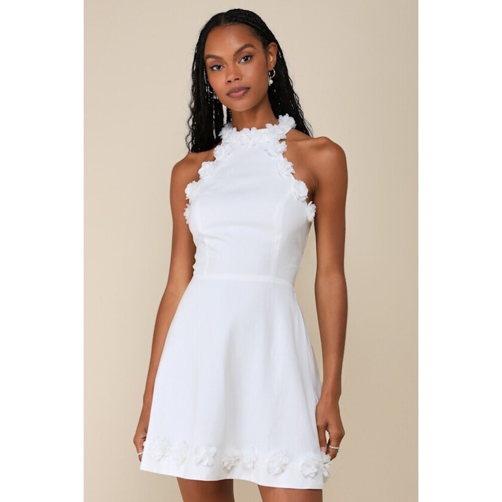 Lulus Profound Poise White Linen 3d Floral Mock Neck Mini Dress - Size XL